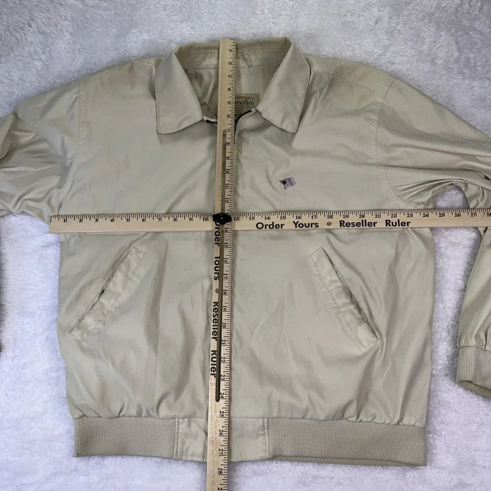 VTG 90s St John's Bay Men's Large FullZip Bomber‎ Jacket Tan Distressed +USA Pin